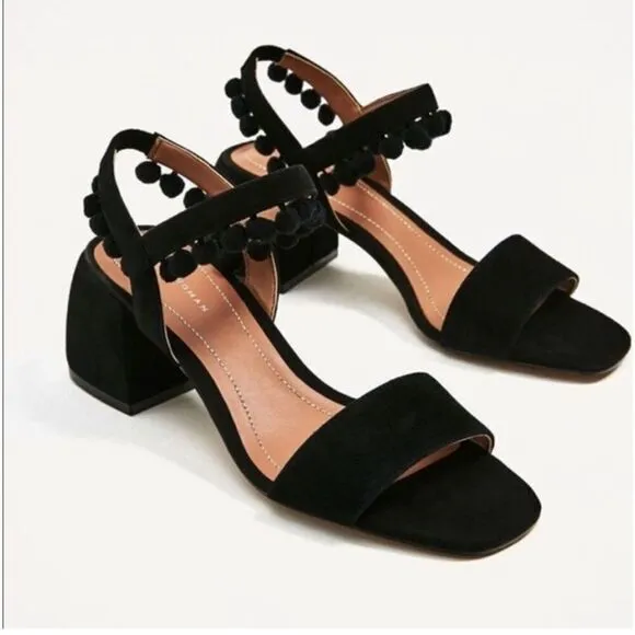 Zara Woman Sandals Pom-Poms Fun Suede Unique Size 6.5 B22A