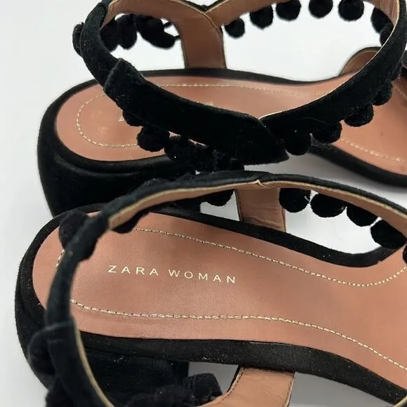Zara Woman Sandals Pom-Poms Fun Suede Unique Size 6.5 B22A