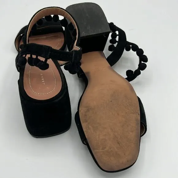 Zara Woman Sandals Pom-Poms Fun Suede Unique Size 6.5 B22A