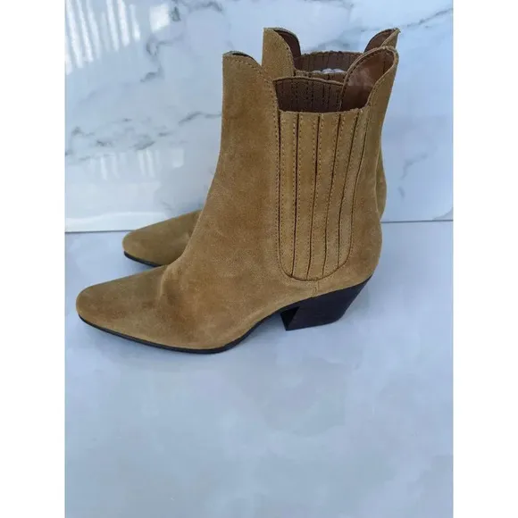 Zara Womens Suede Western Style Ankle Boots Beige Sz 37